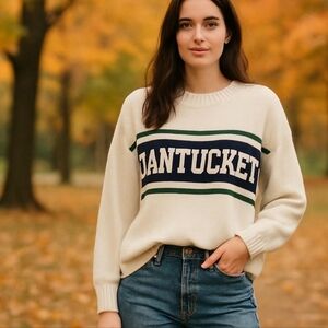 NANTUCKET COASTAL PREPPY OVERSIZED LONG SLEEVE GRAPHIC SWEATER XS/S/M NWOT